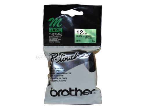 Brother M-731 Non Laminated Black on Green Tape - 12mm x 8M