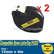 *Dymo SD91202 Black on Yellow Plastic TWIN New Compatible  12mm x 4m  