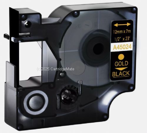 *Dymo SD45024 Gold Text on 12mm wide Black Laminated Tape New Compatible - 7 Metres